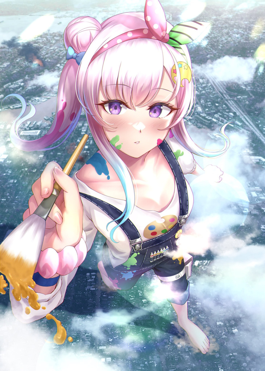 1girl airani_iofifteen barefoot blue_hair blue_overalls breasts city cleavage cloud collarbone commission giant giantess gradient_hair hair_bun hair_ribbon highres holding holding_paintbrush hololive hololive_indonesia long_hair long_sleeves looking_at_viewer medium_breasts multicolored_hair numaguro_(tomokun0808) overalls paint_splatter paintbrush pink_hair purple_eyes ribbon shirt side_ponytail skeb_commission solo virtual_youtuber white_shirt