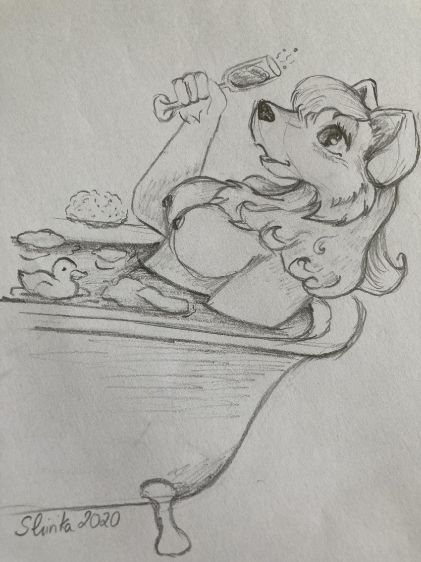 alcoholic_drink anthro bathtub canid canine champane cute_bobbies female foam fox hair hi_res long_hair mammal nipples open_mouth pointy_nose relaxing rubberduck shirika_(artist) solo sponge warm_water water wet
