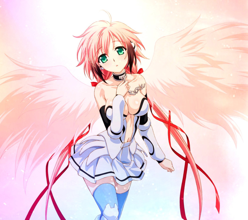 1girl angel_wings bare_shoulders black_hair blush breasts chain cleavage collar collarbone commentary_request feathered_wings gradient_hair green_eyes hair_ornament hair_ribbon highres ikaros large_breasts long_hair looking_at_viewer midriff multicolored_hair navel open_mouth pink_hair ribbon robot_ears simple_background solo sora_no_otoshimono thighhighs twintails two-tone_hair watanabe_yoshihiro wings zettai_ryouiki