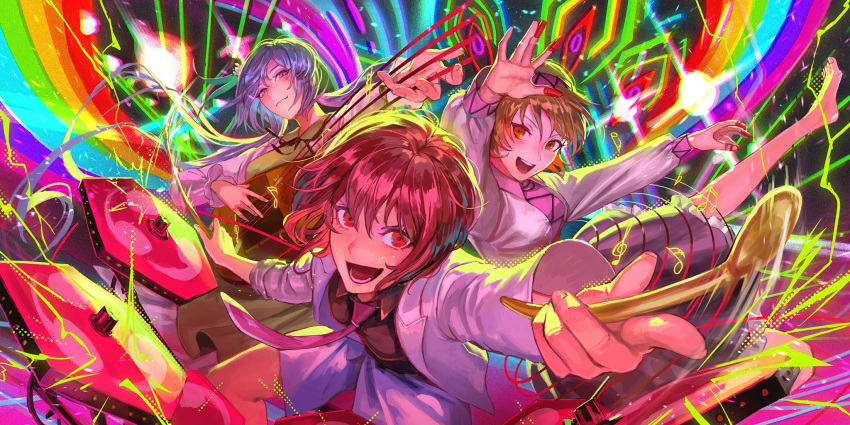 3girls :d black_shirt black_skirt brown_eyes brown_hair closed_mouth collared_shirt drum egawa_akira fingernails floating_hair flower hair_flower hair_ornament hairband highres holding holding_instrument horikawa_raiko instrument jacket long_hair long_sleeves looking_at_viewer lower_teeth_only multiple_girls music necktie non-web_source official_art open_clothes open_jacket open_mouth pink_eyes playing_instrument plectrum purple_hair purple_hairband red_eyes red_hair red_necktie second-party_source shirt short_hair skirt smile teeth touhou touhou_lost_word tsukumo_benben tsukumo_yatsuhashi upper_teeth_only vest white_flower white_jacket white_shirt yellow_vest