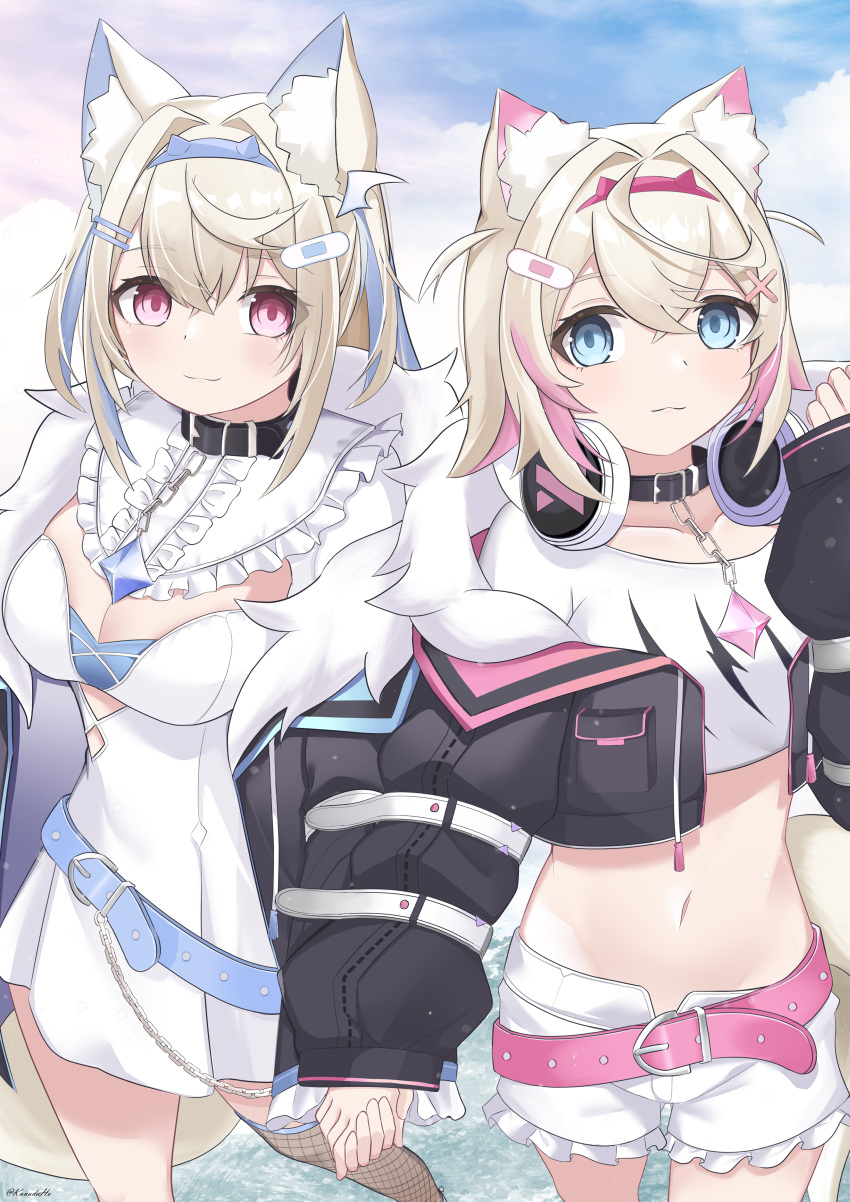 2girls :3 absurdres animal_ear_fluff animal_ears belt belt_collar black_collar black_jacket blonde_hair blue_belt blue_hair blush breasts collar cropped_jacket cropped_shirt dog_ears dog_girl dog_tail dress flat_chest frilled_shorts frills fur-trimmed_jacket fur_trim fuwawa_abyssgard hair_ornament hairpin headphones headphones_around_neck highres holding_hands hololive hololive_english jacket kanadeho large_breasts long_hair medium_hair midriff mococo_abyssgard multicolored_hair multiple_girls navel pink_belt pink_hair shirt short_shorts shorts siblings single_fishnet_legwear sisters smile spiked_collar spikes streaked_hair tail twins virtual_youtuber white_dress white_shirt white_shorts x_hair_ornament