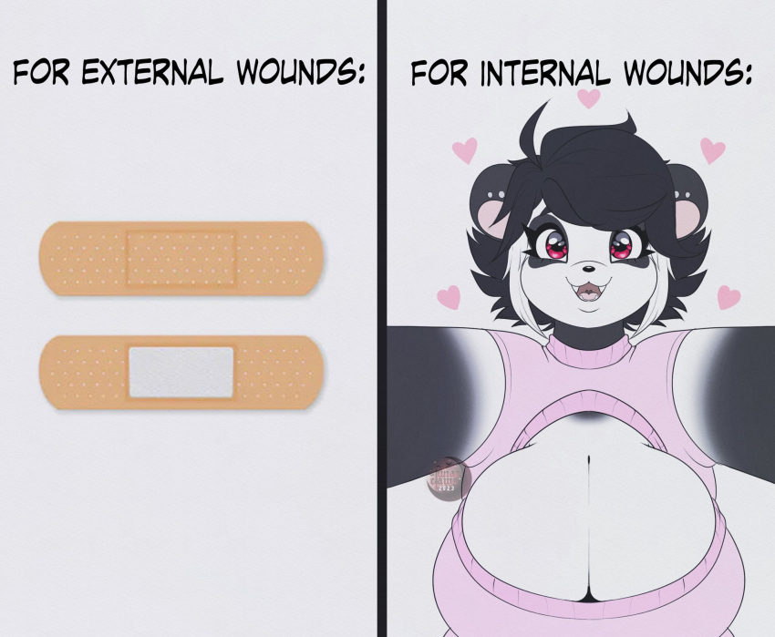 &lt;3 anthro band-aid bandage bear big_breasts black_and_white_hair black_hair breasts cleavage cleavage_cutout clothed clothing cutout_sweater ear_piercing english_text female giant_panda hair hi_res looking_at_viewer lunarclaws mammal open_mouth open_smile piercing pink_clothing pink_sweater pink_topwear smile smiling_at_viewer solo sweater text topwear