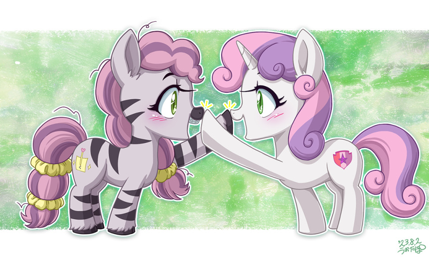 boop cutie_mark equid equine female friendship_is_magic green_eyes hair hasbro hooves horn mammal multicolored_hair my_little_pony nose_boop pink_hair purple_hair skye_(idw) sweetie_belle_(mlp) two_tone_hair unicorn uotapo zebra