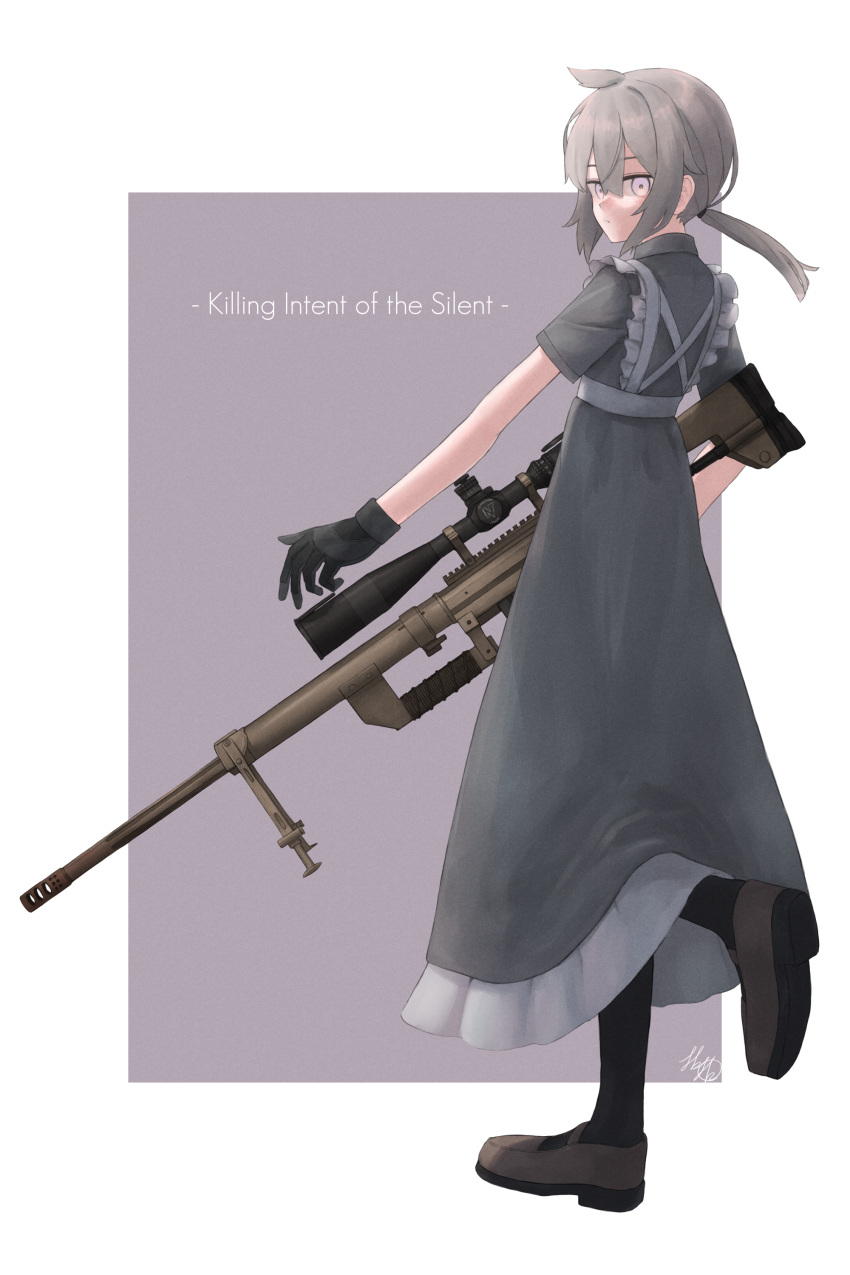 absurdres ahoge black_gloves bolt_action cheytac_m200 dress english_text girls'_frontline gloves gun highres looking_at_viewer m200_(girls'_frontline) origumi ponytail rifle scope short_sleeves simple_background sniper_rifle weapon