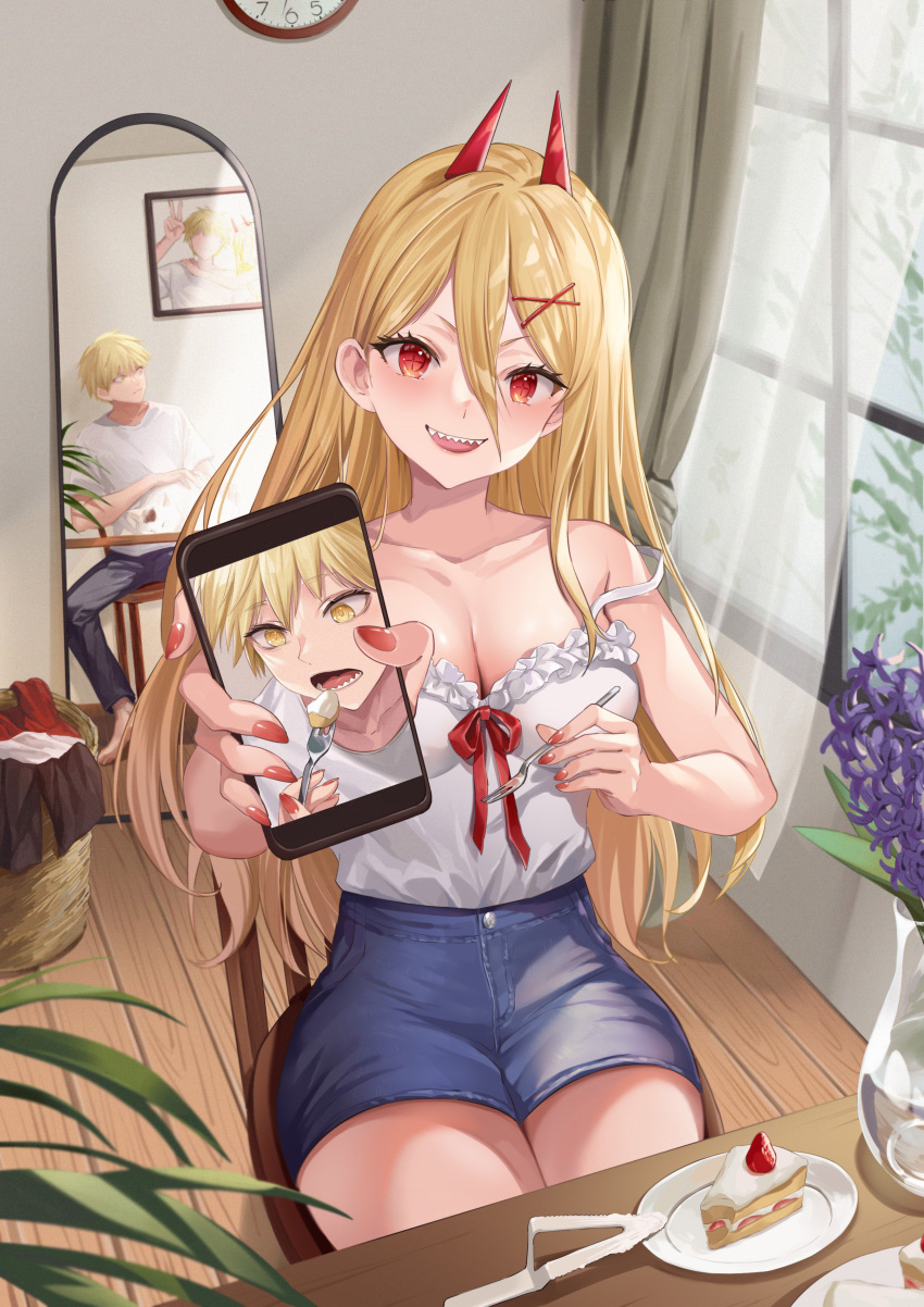 1boy 1girl absurdres barefoot blonde_hair bow breasts cake cat cellphone chainsaw_man cleavage clock cross-shaped_pupils curtains denji_(chainsaw_man) flower food fork hair_between_eyes hair_tie highres holding holding_fork holding_phone horns imminent_bite kiunchiku laundry_basket lavender_(flower) long_hair looking_at_viewer medium_breasts meowy_(chainsaw_man) mirror open_mouth phone pov power_(chainsaw_man) red_bow red_eyes red_horns red_nails sharp_teeth shirt shirt_bow short_hair smartphone smile symbol-shaped_pupils teeth upper_teeth_only white_cat white_shirt yellow_eyes