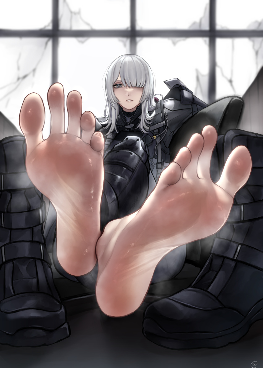 1girl absurdres ak-15_(girls'_frontline) barefoot boots boots_removed commentary commission crossed_legs english_commentary feet foot_focus foreshortening girls'_frontline greek_toe grey_eyes grey_hair hair_over_one_eye highres long_hair long_toes looking_at_viewer nikishiko pixiv_commission presenting_foot sitting smell soles solo spread_toes steaming_body toenails toes