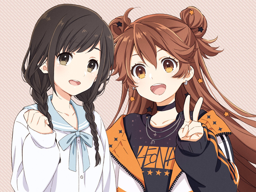 2girls ahoge black_eyes black_hair black_shirt bow bowtie braid brown_hair choker double_bun earrings hair_bun hair_ornament hanabasami_kyou hand_up highres jacket jewelry kome_(okomesankun) long_hair multiple_girls necklace open_clothes open_jacket open_mouth orange_eyes re:act sailor_collar shirt shishigami_leona sleeves_past_wrists smile star_(symbol) star_hair_ornament teeth twin_braids upper_body upper_teeth_only v virtual_youtuber white_shirt