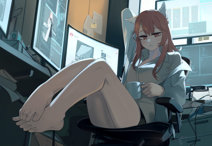 1girl absurdres animal_ears arm_up bare_legs barefoot black_shorts blush box breasts cat_ears chair coat coffee_mug coffee_pot commentary_request cup desk feet full_body girls'_frontline girls'_frontline_neural_cloud hair_between_eyes highres hinami047 holding holding_cup indoors lab_coat lightning_bolt_symbol long_hair long_sleeves looking_at_viewer medium_breasts monitor mug off_shoulder office_chair open_clothes open_coat paper parted_lips partial_commentary persica_(girls'_frontline) persicaria_(neural_cloud) pink_eyes pink_hair shirt shorts sitting solo sticky_note swivel_chair toes white_shirt wire youtube