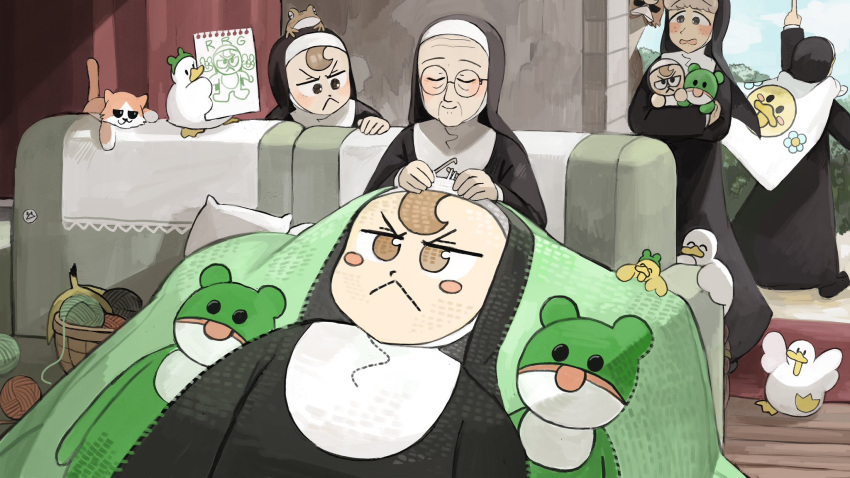 4girls animal_on_head banana_peel bird blanket brown_eyes brown_hair cat catholic chicken clumsy_nun_(diva) diva_(hyxpk) duck duckling english_commentary freckles frog frog_headband frog_on_head froggy_nun_(diva) glasses grey_hair habit highres knitting little_nuns_(diva) mother_superior_(diva) multiple_girls nun old old_woman on_head ostrich round_eyewear sheep_nun_(diva) traditional_nun yarn yarn_ball