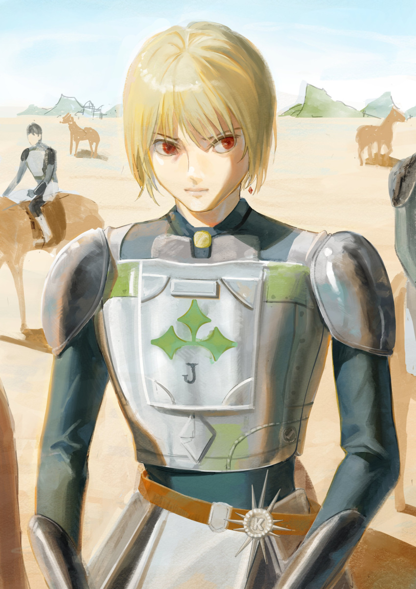 2others absurdres alternate_costume androgynous armor blonde_hair breastplate citroaka crystal_earrings earrings highres horse hunter_x_hunter jewelry kurapika long_sleeves looking_to_the_side multiple_others red_eyes short_hair shoulder_armor solo