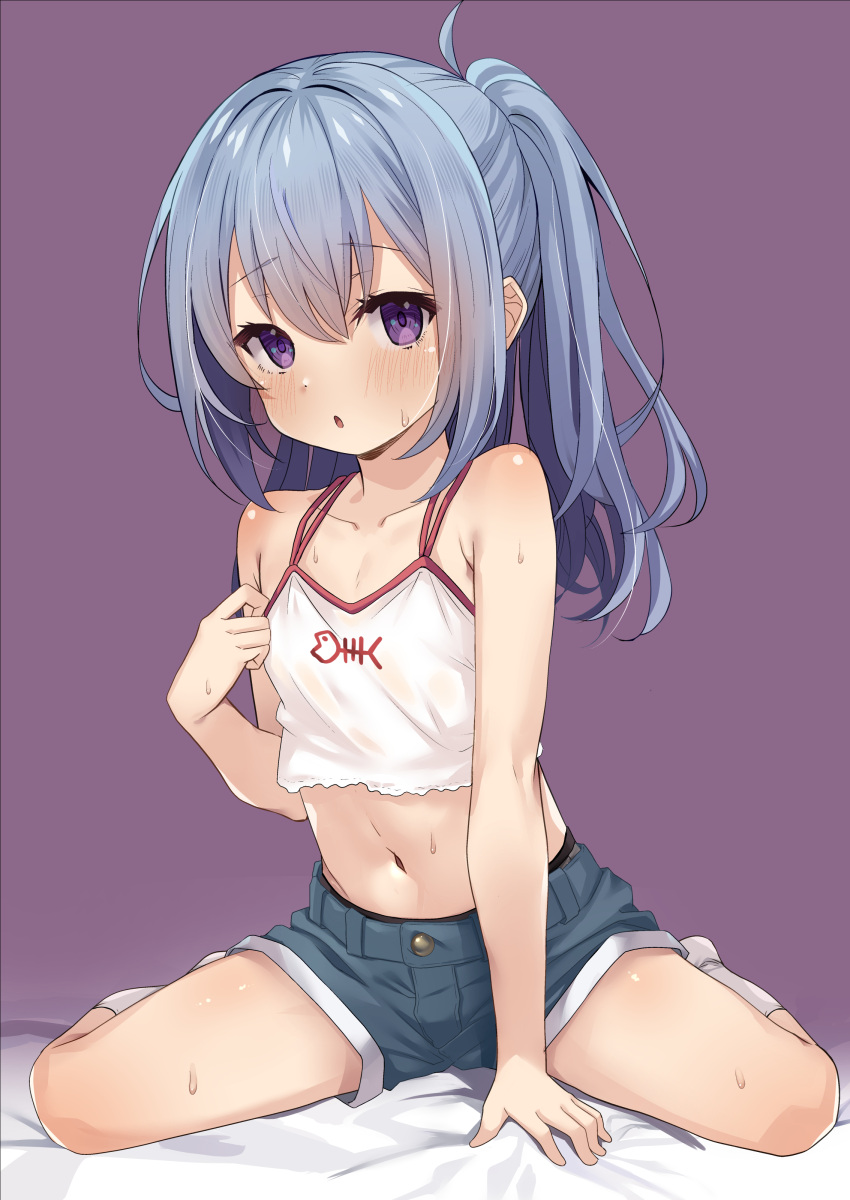 1girl absurdres blue_shorts blush breasts camisole casual grey_hair highres kazumasa long_hair looking_at_viewer midriff navel no_shoes open_mouth original ponytail purple_background purple_eyes short_shorts shorts simple_background sitting small_breasts socks solo spread_legs sweat thighs white_camisole white_socks