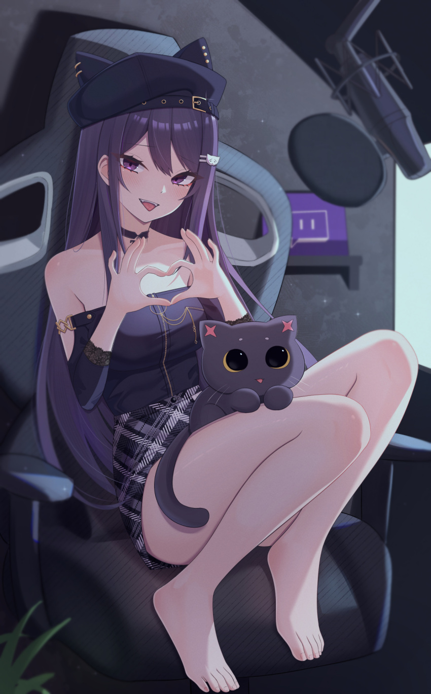 1girl :p animal_hat bare_shoulders barefoot black_choker black_headwear breasts can_zhu cat cat_hair_ornament cat_hat chair choker fangs gaming_chair grey_skirt hair_ornament hat heart heart_hands highres knees_up ksp_(vtuber) long_hair long_sleeves looking_at_viewer medium_breasts meridian_project microphone miniskirt monitor off-shoulder_shirt off_shoulder official_alternate_costume plaid plaid_skirt pop_filter purple_eyes purple_hair shirt sitting skirt solo strapless strapless_shirt swivel_chair toes tongue tongue_out twitch_logo very_long_hair virtual_youtuber zipper zipper_pull_tab