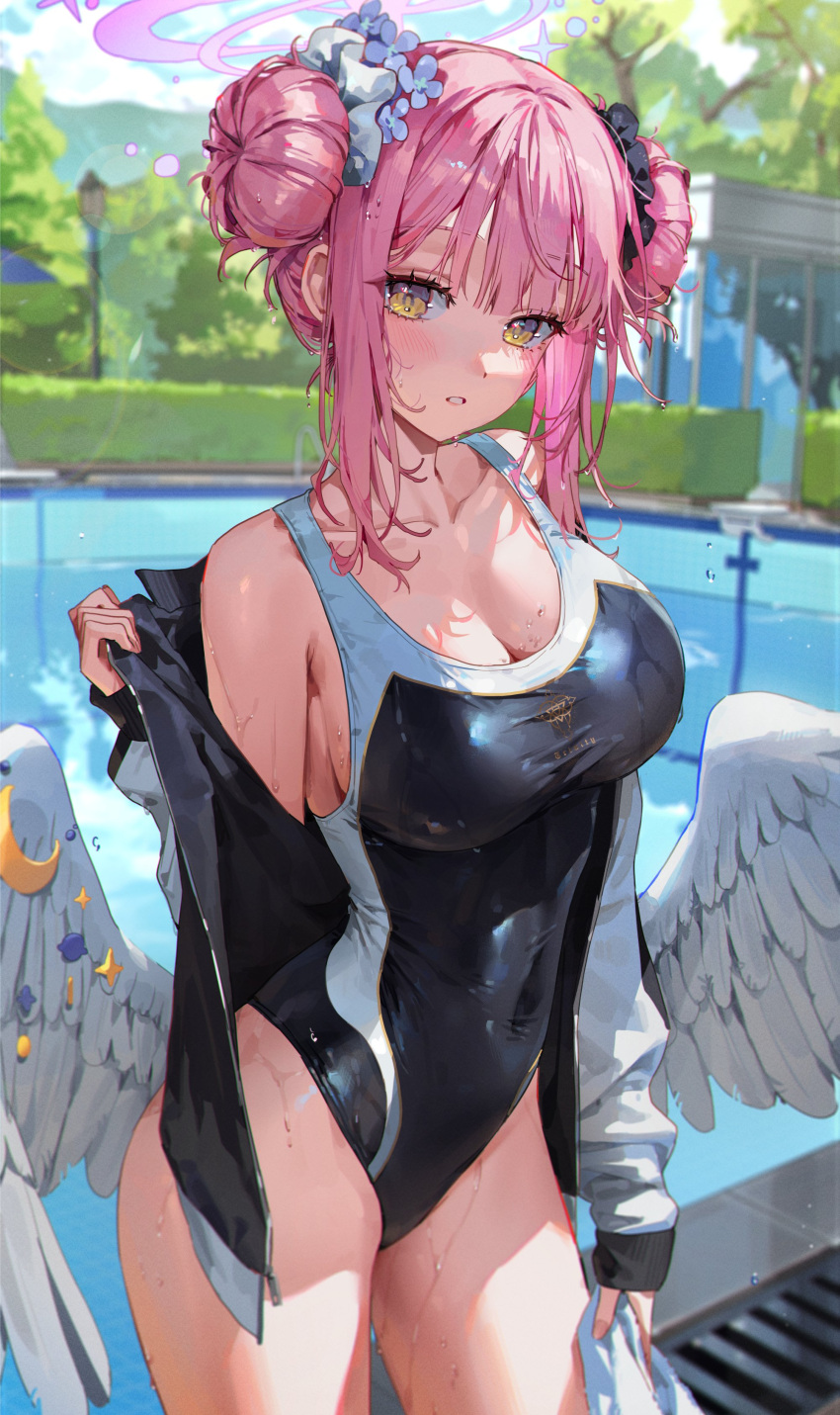 1girl absurdres angel_wings bare_shoulders blue_archive blush breasts collarbone covered_navel double_bun feathered_wings flower hair_bun hair_flower hair_ornament halo highres kellymonica02 large_breasts long_hair looking_at_viewer low_wings mika_(blue_archive) one-piece_swimsuit outdoors parted_lips pink_hair pool scrunchie sidelocks solo swimsuit thighs wet white_wings wings yellow_eyes