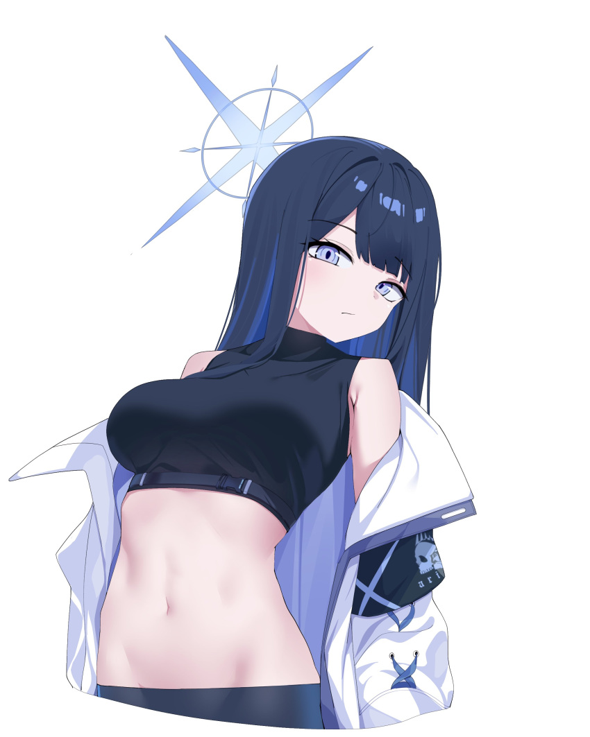 1girl absurdres arsyky14 blue_archive blue_eyes blue_hair blue_shirt blunt_bangs breasts commentary crop_top groin highres large_breasts long_hair looking_at_viewer midriff navel no_headwear saori_(blue_archive) shirt simple_background sleeveless sleeveless_shirt solo stomach upper_body white_background