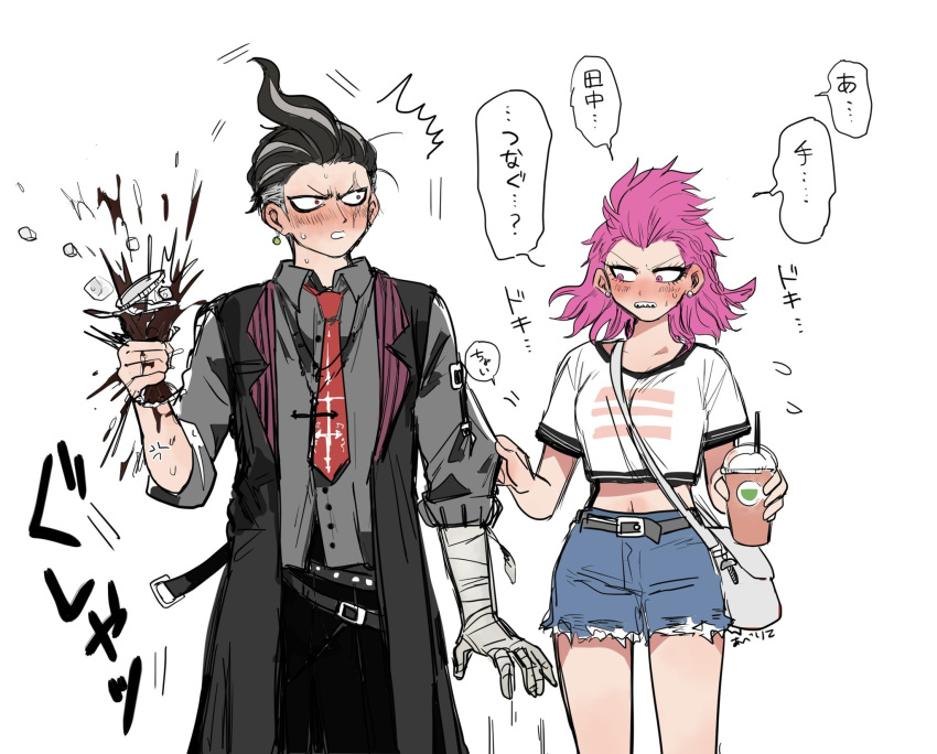 1boy 1girl abe_riko bag bandaged_arm bandages belt between_breasts black_belt black_hair black_pants blush braid breasts cowboy_shot danganronpa_(series) danganronpa_2:_goodbye_despair earrings genderswap genderswap_(mtf) grey_hair highres holding jewelry large_breasts looking_at_another medium_hair midriff multicolored_hair navel necktie pants pink_hair red_necktie sharp_teeth shirt short_shorts shorts side_braid soda_kazuichi speech_bubble strap_between_breasts tanaka_gundham teeth torn_clothes torn_shorts translated two-tone_hair upper_teeth_only