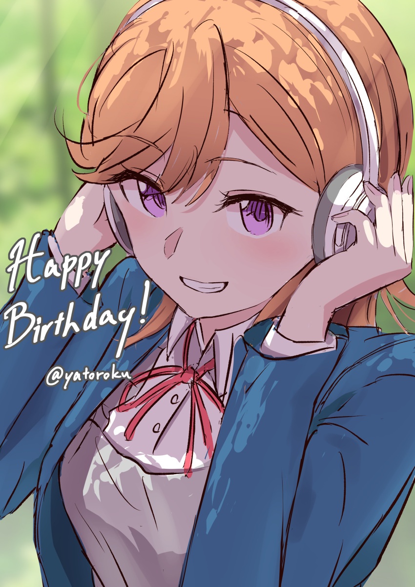 1girl absurdres blue_jacket brown_hair clip_studio_paint_(medium) collared_shirt grin hair_between_eyes happy_birthday headphones highres jacket love_live! love_live!_superstar!! medium_hair neck_ribbon open_clothes open_jacket purple_eyes red_ribbon ribbon school_uniform shibuya_kanon shirt sketch smile solo upper_body white_shirt wing_collar yatoroku yuigaoka_school_uniform