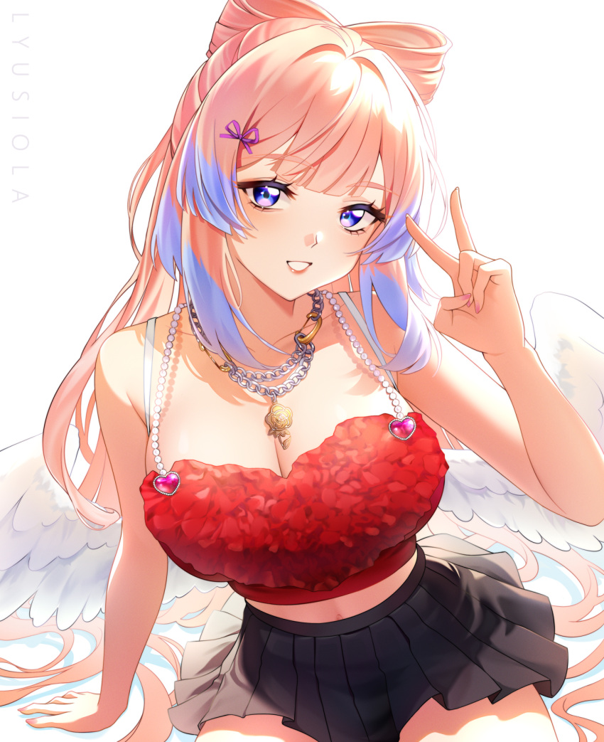 1girl alternate_costume angel_wings bare_shoulders black_skirt blue_eyes blue_hair breasts cleavage genshin_impact highres jewelry large_breasts lips looking_at_viewer lyusiola midriff multicolored_hair necklace pink_hair red_tank_top sangonomiya_kokomi skirt smile solo tank_top two-tone_hair v wings