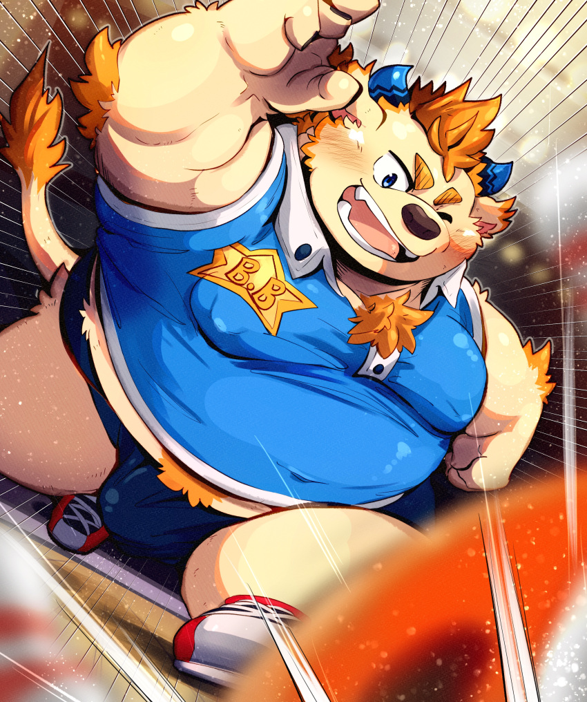 2023 absurd_res anthro babe_bunyan belly big_belly bottomwear bovid bovine bulge cattle clothing detailed_background hi_res kemono lifewonders male mammal mozukuzanmai one_eye_closed overweight overweight_male shirt shorts solo tokyo_afterschool_summoners topwear