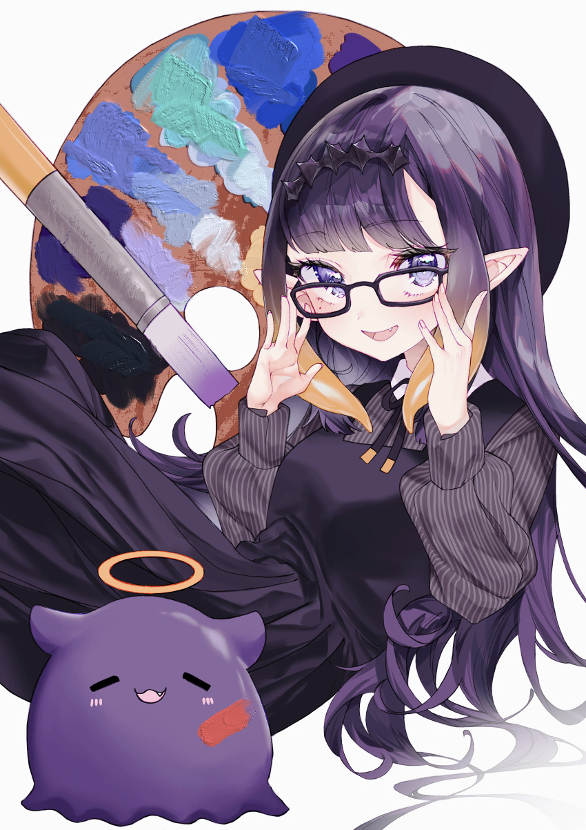 1girl :3 absurdres adjusting_eyewear beret dress glasses halo hat highres hololive hololive_english long_hair long_sleeves looking_at_viewer ninomae_ina'nis official_alternate_costume open_mouth paint paintbrush palette_(object) pointy_ears purple_eyes purple_hair smile sumisumire00 takodachi_(ninomae_ina'nis) tentacle_hair virtual_youtuber