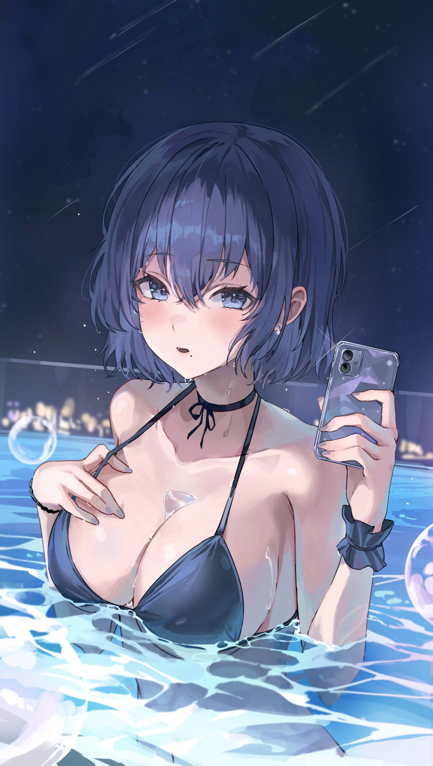 1girl 2gong_(9ujin_) absurdres bikini black_bikini black_choker blue_eyes blue_hair borrowed_character breasts bust_cup caustics cellphone choker cleavage collarbone duplicate halterneck hand_on_own_chest hand_up highres holding holding_phone large_breasts looking_at_viewer mole mole_under_mouth naomi_(hinaki_0102) open_mouth original phone pixel-perfect_duplicate pool short_hair smartphone solo string_bikini swimsuit water wet wrist_cuffs
