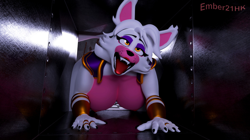 ahegao all_fours animatronic anthro big_breasts big_butt blender_(software) breasts butt canid canine clothing crawling ember21hk eyeshadow fangs female five_nights_at_freddy's five_nights_at_freddy's_2 fox fur hi_res looking_pleasured machine makeup mammal mangle_(fnaf) nipples pink_body pink_fur robot scottgames solo stuck teeth thick_thighs tongue tongue_out topwear vent vest white_body white_fur wide_hips
