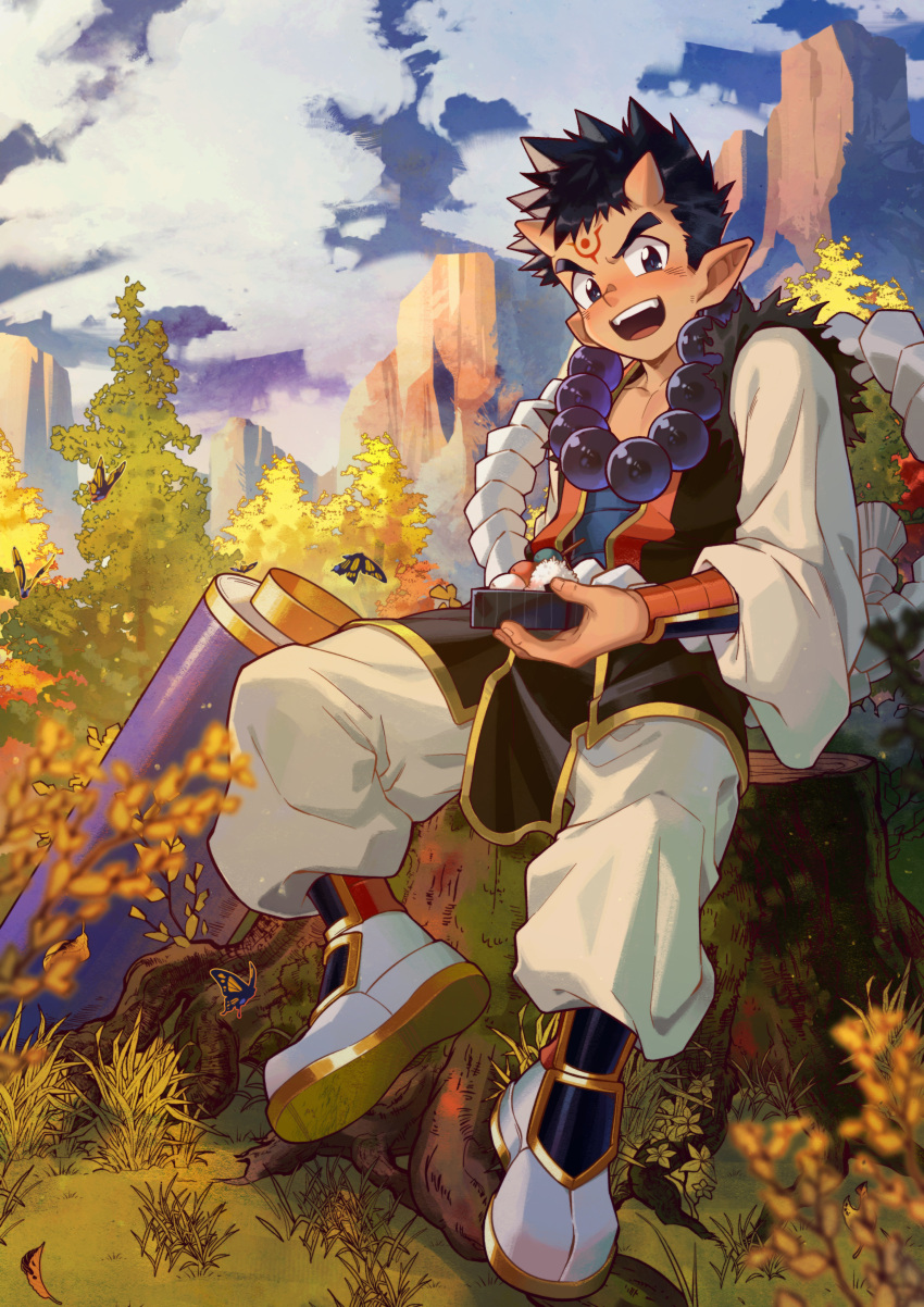 1boy absurdres bead_necklace beads black_hair bug butterfly character_request chinese_commentary colored_skin commentary_request facial_mark highres horns japanese_clothes jewelry looking_at_viewer lunchbox male_focus mountain mountainous_horizon necklace oni oni_horns orange_skin scenery scroll shinrabanshou sitting spiked_hair teeth tree_stump upper_teeth_only white_footwear zxanzai