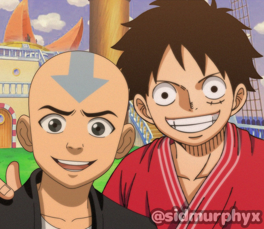2boys aang alternate_costume artist_name avatar:_the_last_airbender avatar_legends bald black_hair crossover facial_mark hand_on_another's_shoulder head_tattoo highres looking_at_viewer monkey_d._luffy multiple_boys one_piece one_piece_(live_action) open_mouth outdoors scar scar_on_cheek scar_on_face ship short_hair sidmurphyx smile tattoo teeth thousand_sunny watercraft