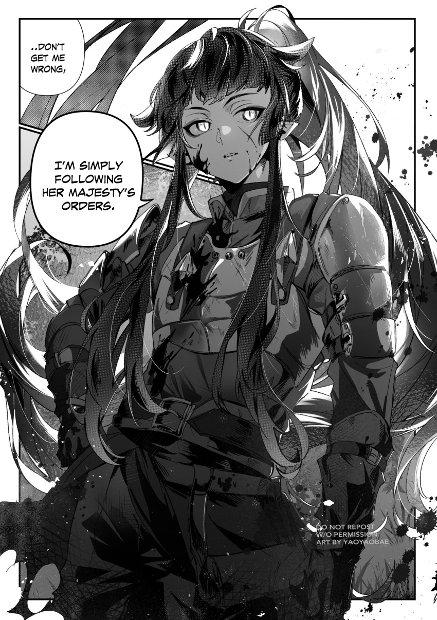 1boy absurdres armor blood blood_on_clothes blood_on_face english_text facing_viewer greyscale head_rest high_ponytail highres lilia_vanrouge long_hair long_sleeves looking_to_the_side male_focus monochrome pants parted_lips pointy_ears solo speech_bubble teeth twisted_wonderland white_background yaoyaobae