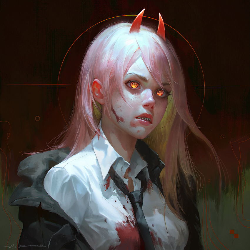 1girl black_necktie blood blood_on_clothes blood_on_face chainsaw_man collared_shirt commentary cross-shaped_pupils demon_horns english_commentary highres horns jacket long_hair looking_at_viewer necktie oliver_wetter open_clothes open_jacket orange_eyes parted_lips photoshop_(medium) pink_hair portrait power_(chainsaw_man) realistic red_horns sharp_teeth shirt solo symbol-shaped_pupils teeth white_shirt