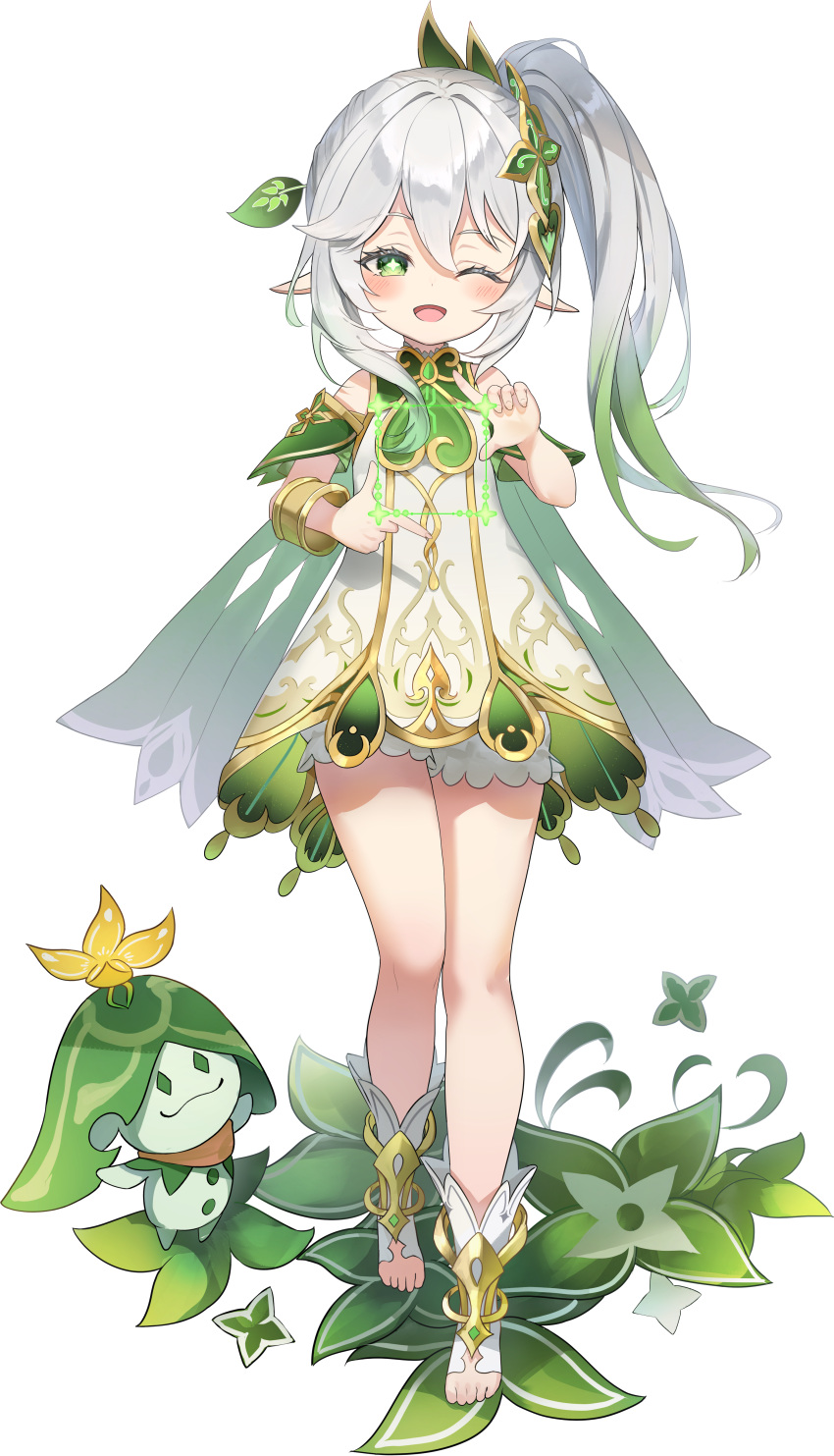 1girl absurdres aranara_(genshin_impact) bloomers blush bracelet cape commentary cross-shaped_pupils detached_sleeves dress finger_frame full_body genshin_impact gold_trim gradient_hair green_cape green_eyes green_hair green_sleeves hair_between_eyes hair_ornament highres jewelry korean_commentary leaf_hair_ornament long_hair looking_at_viewer multicolored_hair nahida_(genshin_impact) one_eye_closed open_mouth pointy_ears short_dress side_ponytail sidelocks sleeveless sleeveless_dress smile solo stirrup_footwear symbol-shaped_pupils three_twosix toeless_footwear transparent_background underwear white_bloomers white_dress white_footwear white_hair