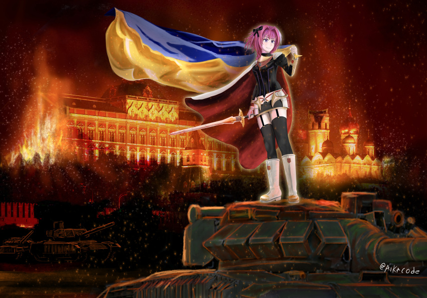 1boy absurdres astolfo_(fate) highres military_vehicle motor_vehicle otoko_no_ko sword tank ukrainian_flag weapon