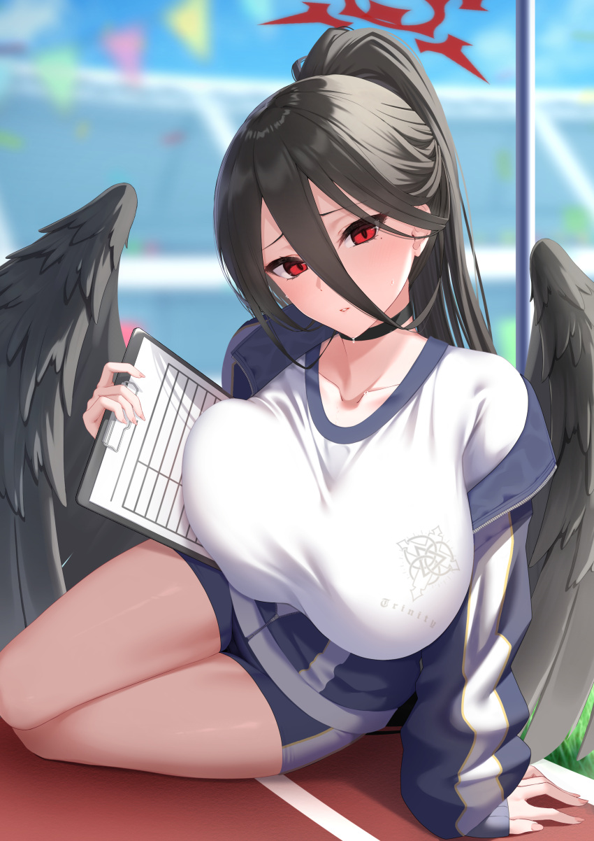 1girl absurdres black_choker black_hair black_wings blue_archive blue_jacket blue_shorts blue_sky blurry blurry_background breast_lift breasts choker clipboard day feathered_wings gym_shirt gym_shorts gym_uniform hair_between_eyes halo hasumi_(blue_archive) hasumi_(track)_(blue_archive) highres huge_breasts iori_(nanonamuco) jacket large_wings long_hair long_sleeves looking_at_viewer low_wings mole mole_under_eye official_alternate_costume open_clothes open_jacket parted_lips partially_unzipped pink_nails ponytail red_eyes red_halo shirt short_shorts shorts sitting sky stadium sweat sweatdrop thighs track_and_field track_jacket white_shirt wings yokozuwari zipper