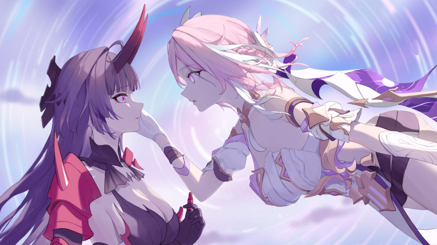 2girls absurdres armor black_gloves black_headwear black_shorts breasts cleavage closed_mouth detached_sleeves elysia_(herrscher_of_human:ego)_(honkai_impact) elysia_(honkai_impact) floating gloves hand_on_another's_cheek hand_on_another's_face highres honkai_(series) honkai_impact_3rd horns large_breasts long_hair looking_at_another makeup multiple_girls oni_horns parted_lips pink_hair raiden_mei raiden_mei_(herrscher_of_thunder) red_armor red_hair roena short_shorts shorts shoulder_armor sideboob upper_body white_gloves white_headwear yuri