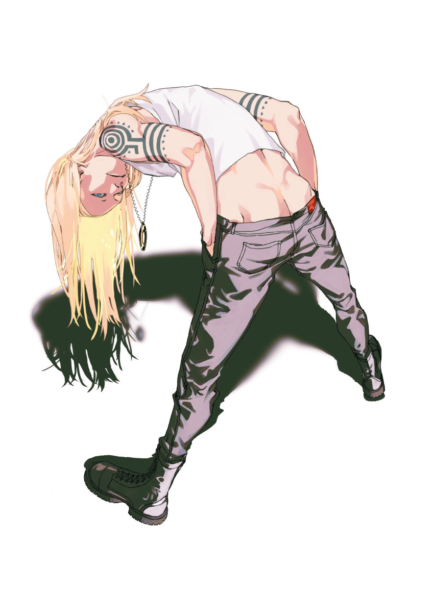 013hibiki 1boy ass_peek blonde_hair butt_crack denim fate/grand_order fate_(series) full_body gold_necklace highres jeans jewelry leaning_forward long_hair looking_at_viewer male_focus necklace pants shirt simple_background sleeveless sleeveless_shirt smile solo tattoo tezcatlipoca_(fate) tribal_tattoo white_background white_shirt