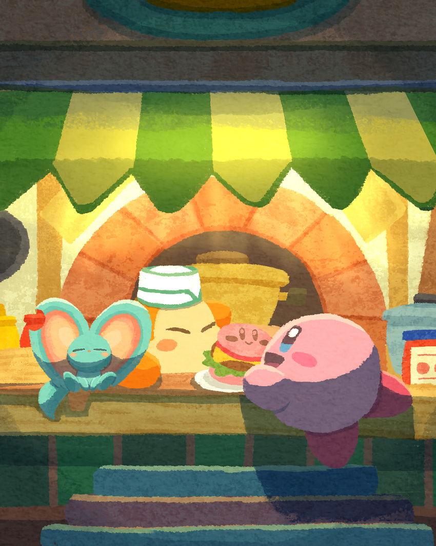 blush blush_stickers burger cafe closed_eyes cooking_pot elfilin food highres jar kirby kirby_(series) kirby_and_the_forgotten_land kirby_cafe miclot night no_humans open_mouth outdoors oven pink_footwear shoes smile waddle_dee white_headwear