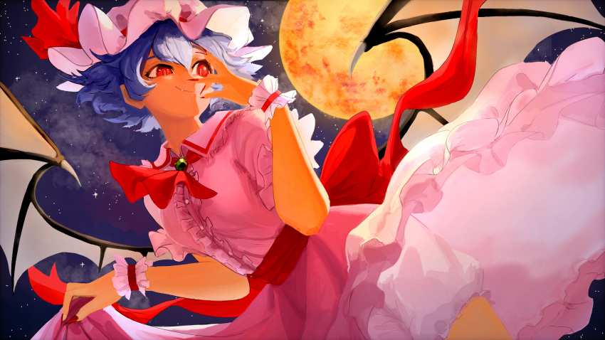 1girl ascot bangs black_wings bloomers blue_hair bow breasts buttons center_frills closed_mouth commentary_request cowboy_shot demon_wings dress fang fang_out fingernails frilled_shirt_collar frilled_sleeves frills full_moon hair_between_eyes hat hat_ribbon highres howah18 looking_afar looking_to_the_side mob_cap moon night orange_moon pink_dress pink_headwear puffy_short_sleeves puffy_sleeves red_ascot red_bow red_eyes red_nails red_ribbon red_sash remilia_scarlet ribbon sash sharp_fingernails short_hair short_sleeves skirt_hold sky slit_pupils small_breasts smile solo star_(sky) starry_sky touhou underwear waist_bow white_bloomers wings wrist_cuffs