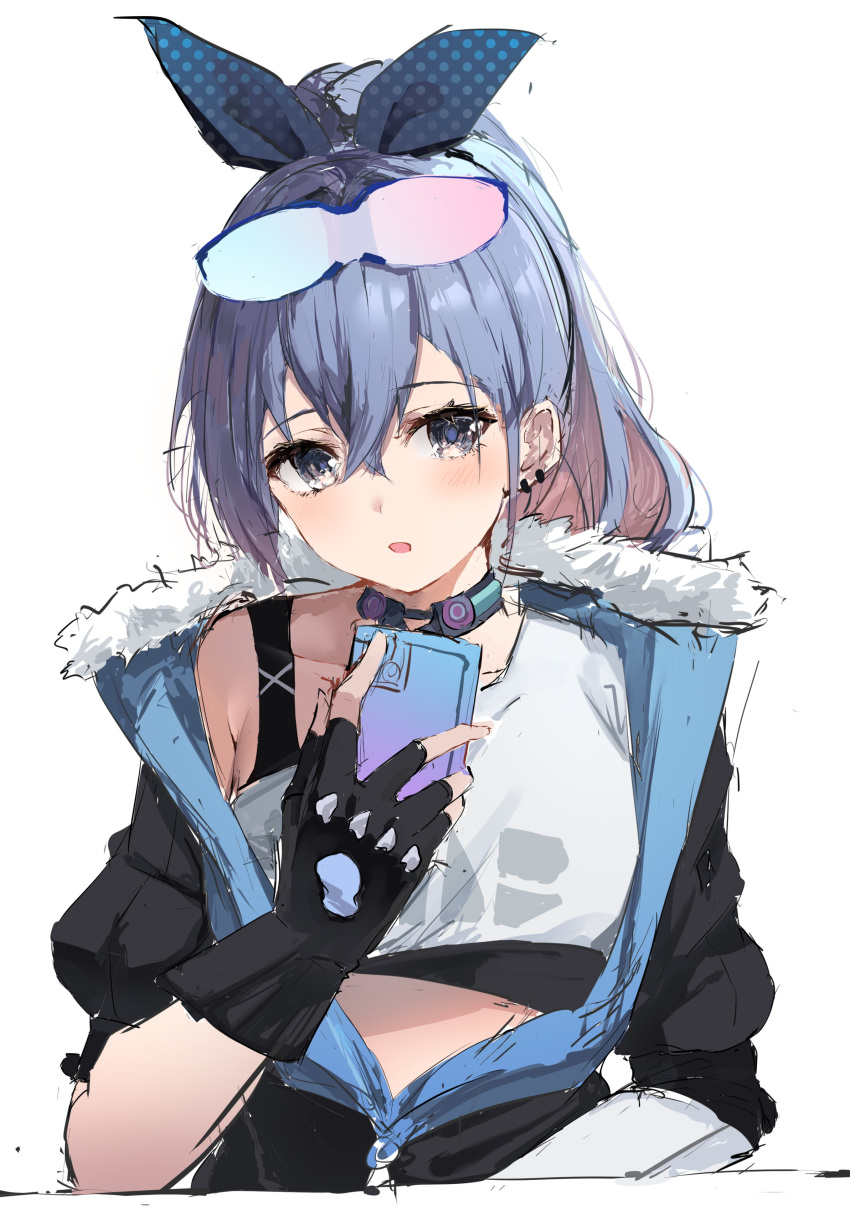 1girl absurdres black_gloves black_jacket blue_hair blue_ribbon blush breasts cellphone commentary cropped_shirt crossed_bangs ear_piercing eyewear_on_head fingerless_gloves fur-trimmed_jacket fur_trim gloves grey_eyes hair_ribbon hand_up high_ponytail highres honkai:_star_rail honkai_(series) jacket katata long_hair looking_at_phone medium_breasts open_clothes open_jacket open_mouth phone piercing ribbon shirt silver_wolf_(honkai:_star_rail) simple_background single-shoulder_shirt single_bare_shoulder smartphone solo upper_body white_background white_shirt