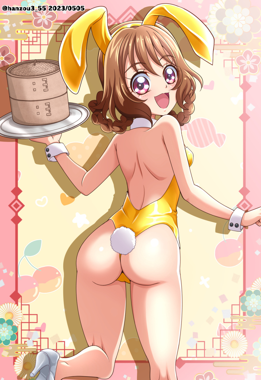 1girl :d animal_ears ass back backless_leotard bamboo_steamer bare_legs braid brown_hair commentary dated delicious_party_precure detached_collar egasumi fake_animal_ears fake_tail from_behind grey_footwear hanamichi_ran hanzou high_heels highres holding holding_tray leg_up leotard looking_at_viewer looking_back medium_hair open_mouth playboy_bunny precure purple_eyes rabbit_ears rabbit_tail shadow smile solo standing standing_on_one_leg strapless strapless_leotard tail thong_leotard tray twin_braids twitter_username wrist_cuffs yellow_leotard