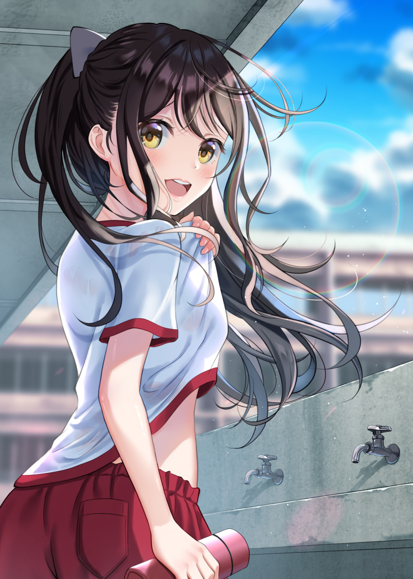 1girl absurdres blush bottle bow breasts brown_hair clothes_lift cloud cloudy_sky commentary faucet floating_hair gym_uniform hair_bow highres hominotsu long_hair looking_at_viewer medium_breasts midriff_peek open_mouth original outdoors ponytail red_shorts school school_uniform shirt_lift shorts sky smile teeth water_bottle wind yellow_eyes