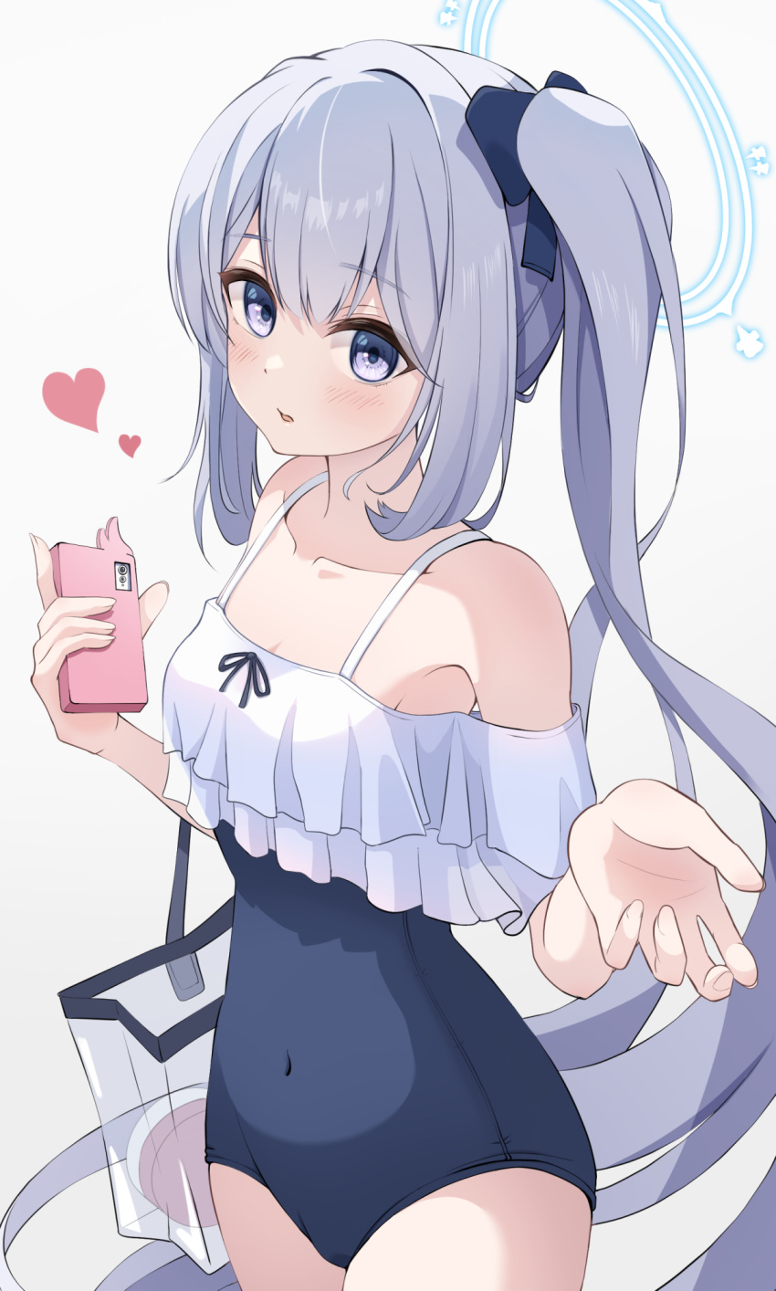 1girl armpit_crease blue_archive blue_bow blue_halo blue_one-piece_swimsuit blush bow casual_one-piece_swimsuit cellphone collarbone covered_navel cowboy_shot frilled_one-piece_swimsuit frills hair_bow halo hand_up heart highres holding holding_phone looking_at_viewer miyako_(blue_archive) miyako_(swimsuit)_(blue_archive) off-shoulder_one-piece_swimsuit off_shoulder official_alternate_costume one-piece_swimsuit parted_lips phone ponytail purple_eyes she100legs sidelocks simple_background smartphone smartphone_case solo swimsuit transparent_bag two-tone_one-piece_swimsuit white_background white_hair