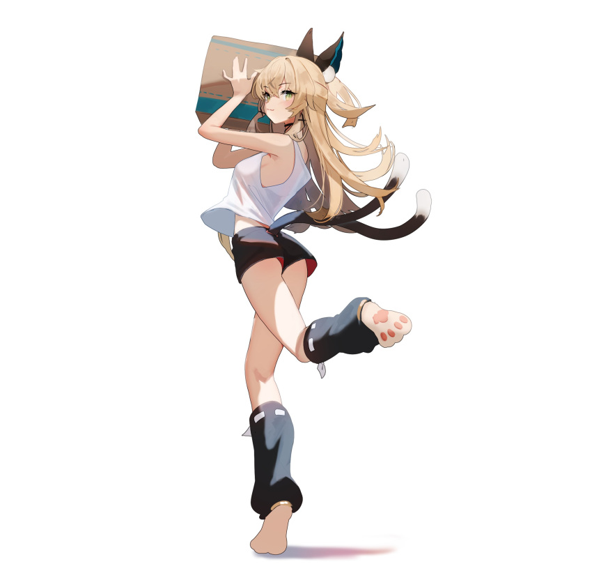 1girl absurdres animal_hands bare_arms black_choker black_leg_warmers black_shorts blonde_hair bow box cardboard_box cat_feet cat_girl cat_tail choker commentary_request earrings from_behind full_body genshin_impact green_eyes hair_bow highres holding holding_box jewelry kirara_(genshin_impact) long_hair looking_to_the_side lumo_1121 multiple_tails short_shorts shorts simple_background smile solo standing standing_on_one_leg tail tank_top white_background white_tank_top