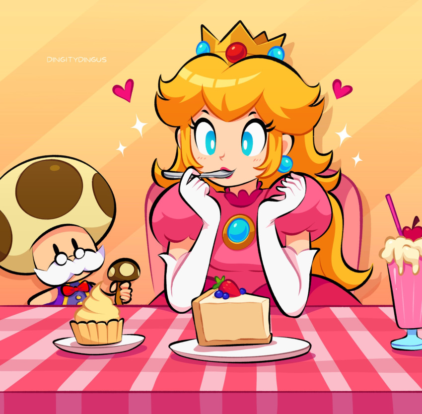 1boy 1girl blonde_hair blue_eyes blue_gemstone blueberry brooch cake cake_slice crown cupcake dress earrings elbow_gloves facial_hair food fruit gem glasses gloves heart highres holding holding_spoon indoors jewelry long_hair mario_(series) milkshake mustache pink_dress plate princess_peach puffy_short_sleeves puffy_sleeves short_sleeves sitting sphere_earrings spoon strawberry striped_tablecloth table toadsworth vinny_(dingitydingus) white_gloves