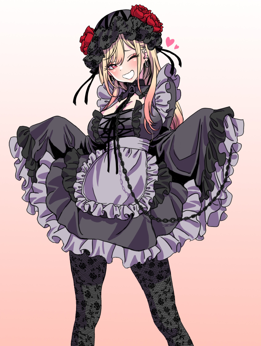1girl absurdres blonde_hair blush breasts chain chain_leash cosplay dress feet_out_of_frame flower frilled_sleeves frills gothic_lolita gradient_background heart highres kitagawa_marin kuroe_shizuku kuroe_shizuku_(cosplay) leash lipstick lolita_fashion long_eyelashes makeup medium_breasts one_eye_closed red_eyes red_hair rose sleeves_past_fingers sleeves_past_wrists solo sono_bisque_doll_wa_koi_wo_suru wide_sleeves yamashita_shun'ya