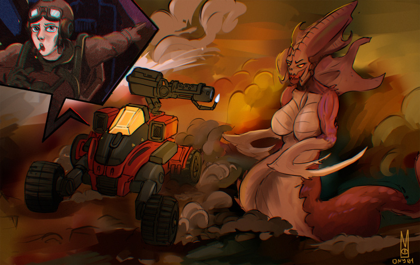 arthropod blade_arm blizzard_entertainment breasts car close-up desert female flamethrower gesture hi_res hydralisk_(starcraft) insect meme ony01 open_mouth pointing ranged_weapon scalie smile smoke solo starcraft tail teeth vehicle weapon yellow_eyes zerg