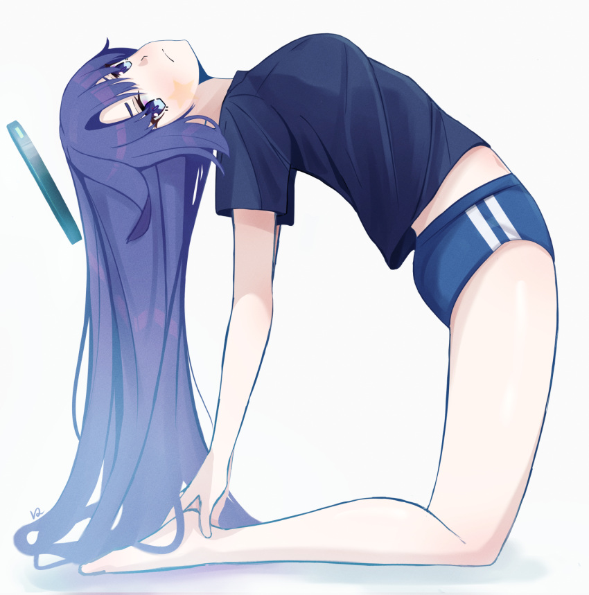 1girl bare_legs barefoot black_shirt blue_archive blue_buruma blue_hair blue_halo buruma closed_mouth halo highres long_hair looking_at_viewer midriff official_alternate_costume shirt short_sleeves solo star_sticker sticker_on_face thighs van_epi yuuka_(blue_archive) yuuka_(track)_(blue_archive)
