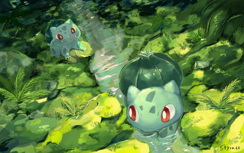 animal_focus bright_pupils bulbasaur claws commentary_request dappled_sunlight fangs fern forest nature no_humans nostrils open_mouth outdoors pokemon pokemon_(creature) red_eyes signature stream styraco sunlight wading white_pupils