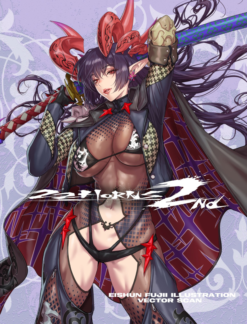 1girl bikini breasts earrings english_commentary fujii_eishun gloves habaki_(fujii_eishun) hair_between_eyes highres holding holding_sword holding_weapon horns jewelry large_breasts long_hair long_sleeves looking_at_viewer multiple_horns navel original pointy_ears red_eyes sheath sheathed solo swimsuit sword weapon