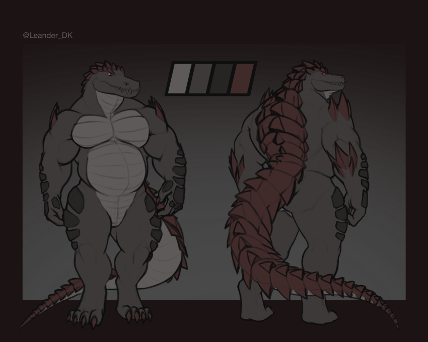 alligator alligatorid anthro belly biceps black_body chaac_(leander_dk) crocodilian hi_res leander_dk_(artist) male model_sheet musclegut muscular muscular_anthro muscular_male pecs red_eyes reptile scales scalie simple_background slightly_chubby solo spikes spikes_(anatomy) tail thick_tail thick_thighs