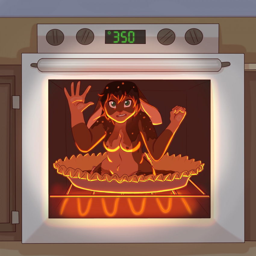 1:1 5_fingers anthro appliance breasts brown_hair brown_nipples cooked_alive cooking_with_furs eyebrows feet female fingers fur gloves_(marking) green_eyes hair hi_res imminent_death implied_cannibalism inside kitchen_appliance lagomorph leporid mammal markings multicolored_body multicolored_fur nipples number open_mouth oven pink_nose rabbit rebelparrot sadism solo story story_in_description toes