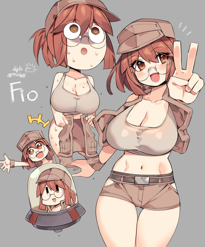 absurdres baseball_cap belt breasts brown_eyes brown_hair brown_headwear brown_shorts brown_vest character_name ddg160 fio_germi glasses grey_background hat highres large_breasts metal_slug short_hair shorts signature simple_background smile sweat tank_top ufo v vest